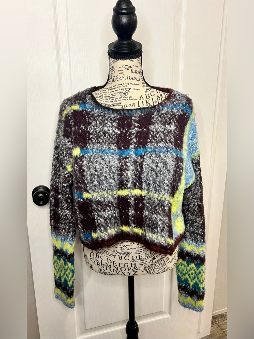 Free People Marled Plaid Fuzzy Crewneck Sweater in Burgundy, Gray, Blue & Yellow
